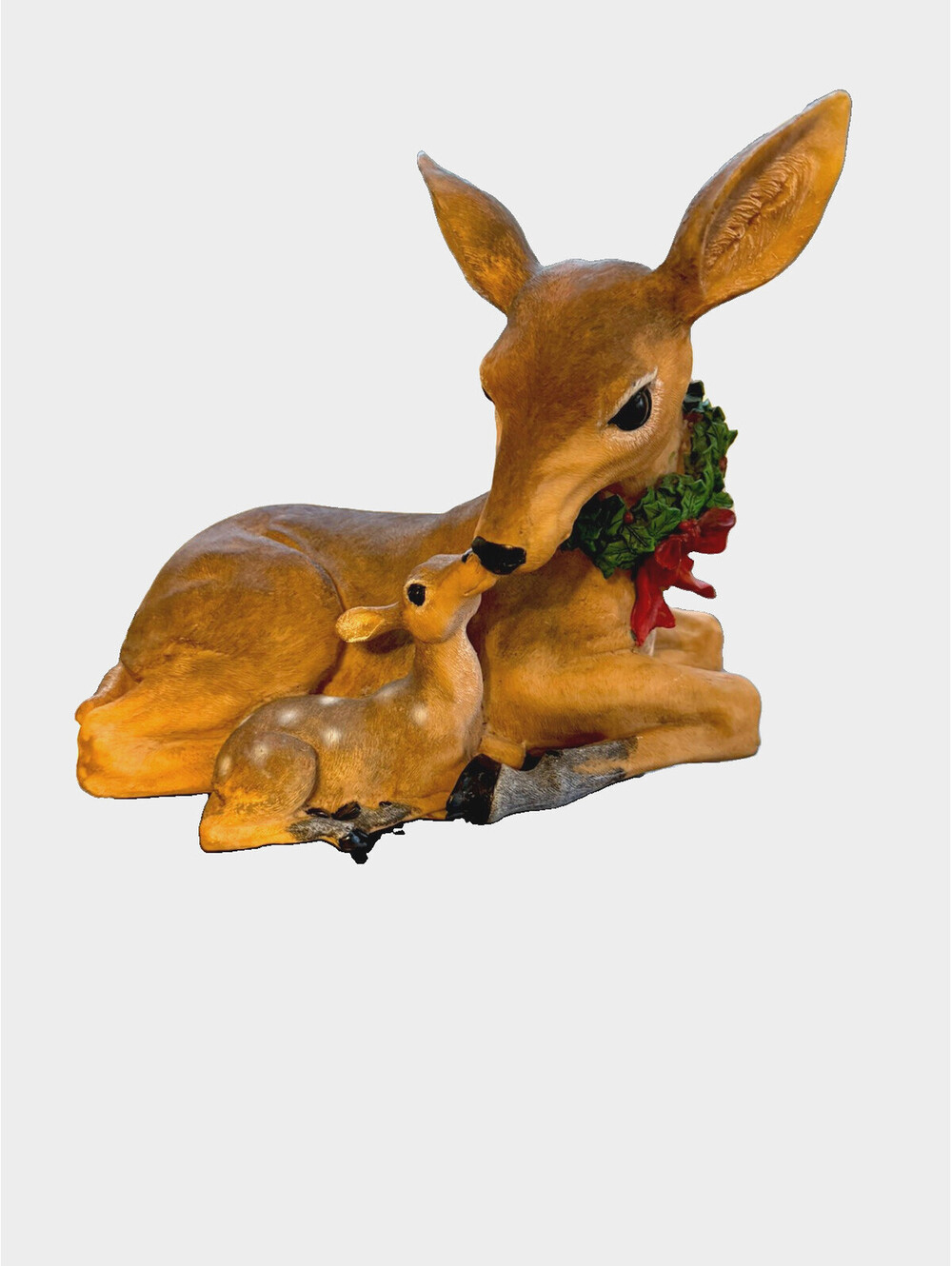Vintage Christmas Spotted Fawn w Mother Deer Wreath Figure Statue Large Resin
